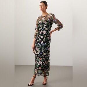 Floral Embroidered Black Long-Sleeve Midi Dress